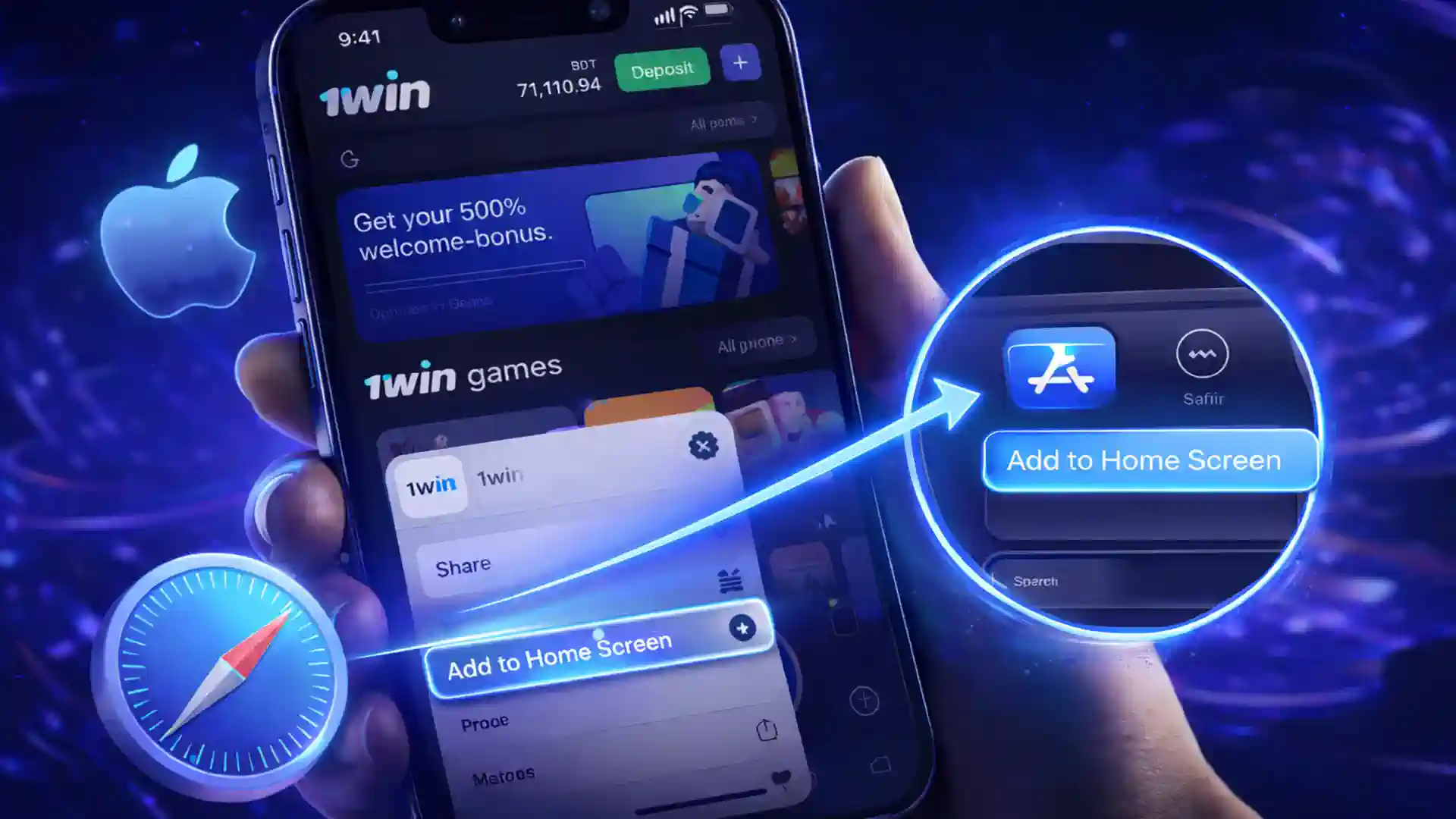 iPhone showing 1win app download for ios via 'Add to Home Screen' in Safari