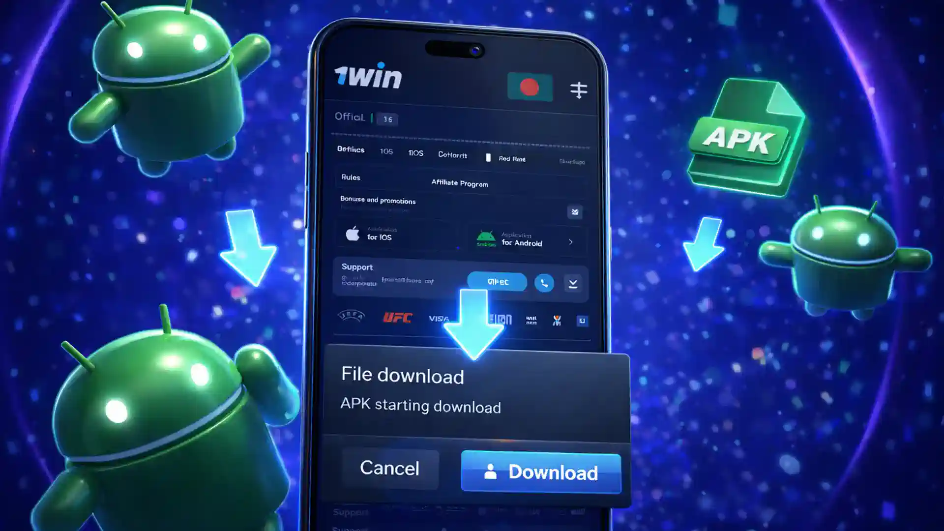 Smartphone screen showing the process to download 1win APK for Android
